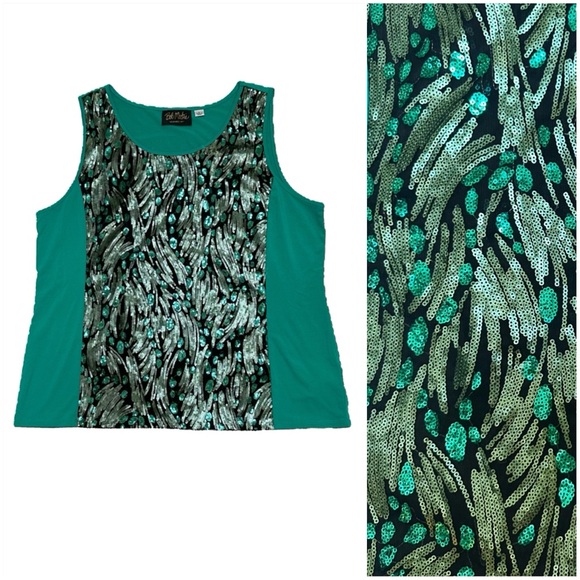 Bon Mackie Wearable Art Emerald Teal Green + Gold Abstract Sequined Tank Top - Picture 1 of 9